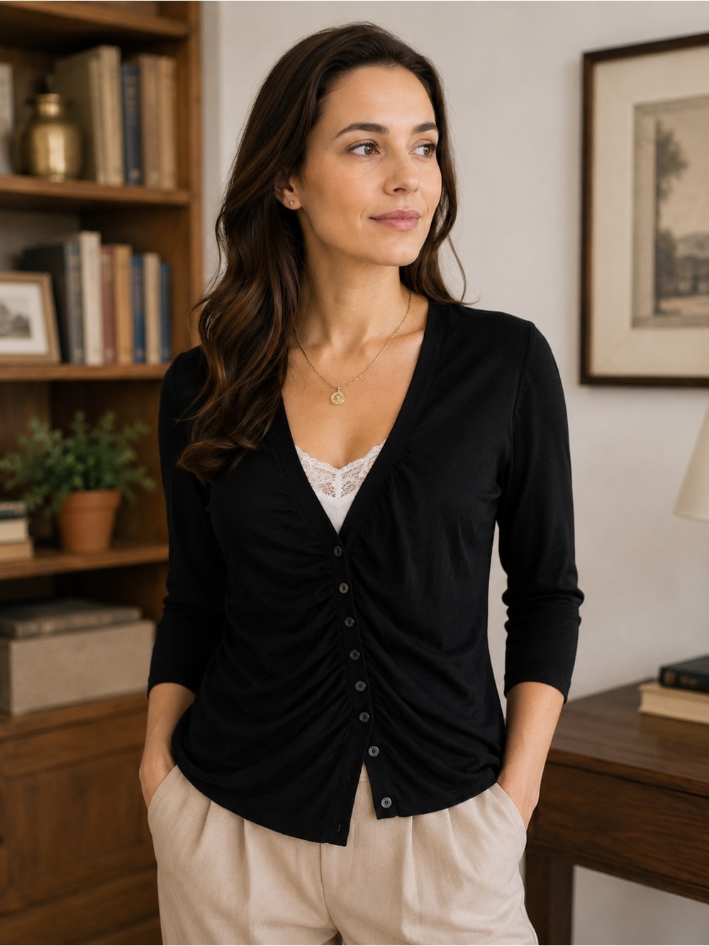 Worthington Black Silk Blend Ruched Button Cardigan Sweater Medium Academia Clas